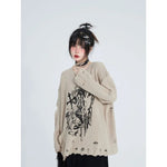 Beige Gothic Sweater with black anime print with cross and girl