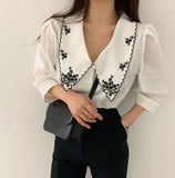 Korean blouse with embroidered collar