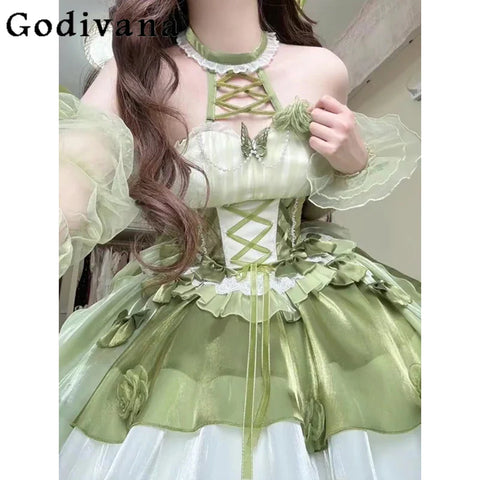 Magical Short Sleeve Lolita Dress in Green – High Waist, Off-Shoulder, for a Cute Alternative Look**