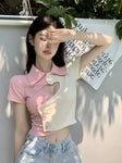 Charming Soft-Girl Polo Shirt with Heart Neckline