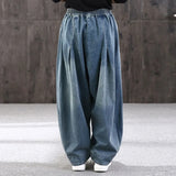 Indie-style oversized jeans with wide legs and Asian flair