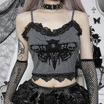 Crop Top Fairy-Grunge grau und schwarz bedruck mit Spitze verziert Schmetterling