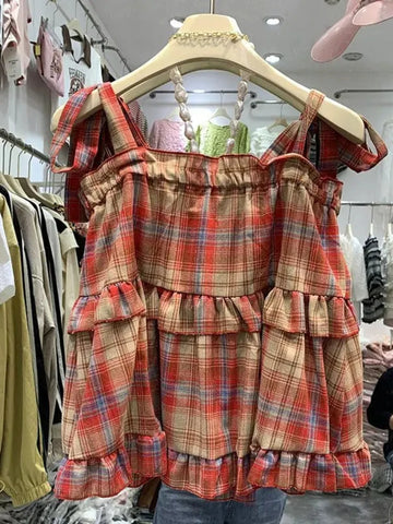 Y2K Vintage Plaid Ruffle Summer Dress for E-Girl