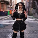 Schwarzes Gothic Spitzenrock Damen Mesh vorne Reißverschluss