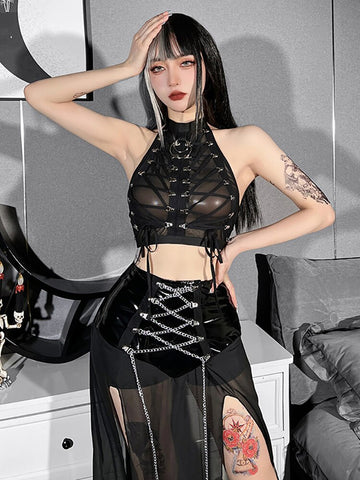 Crop Top e-girl aus schwarzem, transparentem Mesh für Frauen