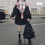 Japanische E-Girl Streetwear Kapuzenjacke in schwarz und pink mit Reißverschluss