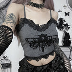 Crop Top Fairy-Grunge grau und schwarz bedruck mit Spitze verziert Schmetterling