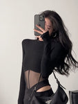 Crop Top schwarz E girl transparent a long sleeve