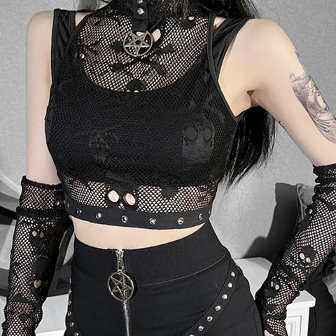 Crop Top mit Totenkopf-Print Netz e-girl für Frauen