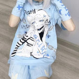 T-Shirt e-girl blau im Stil einer japanischen Zeichnung