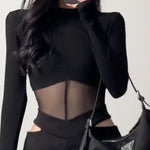 Crop Top schwarz E girl transparent a long sleeve